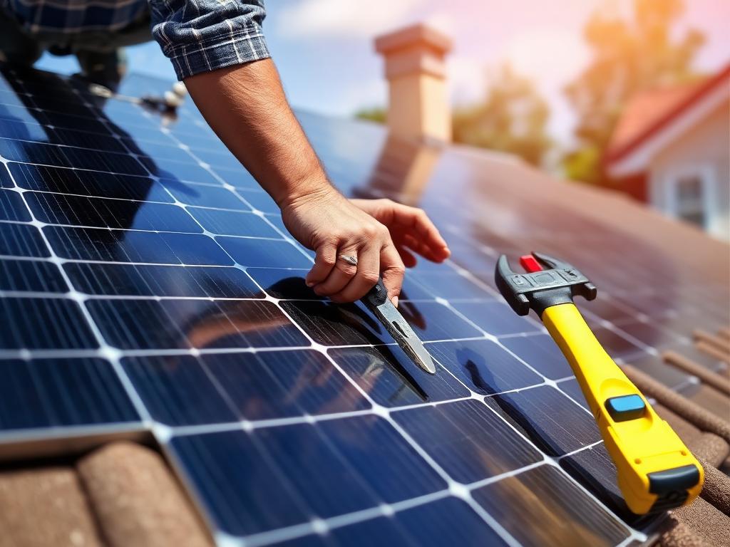 Technician installing rooftop solar panels